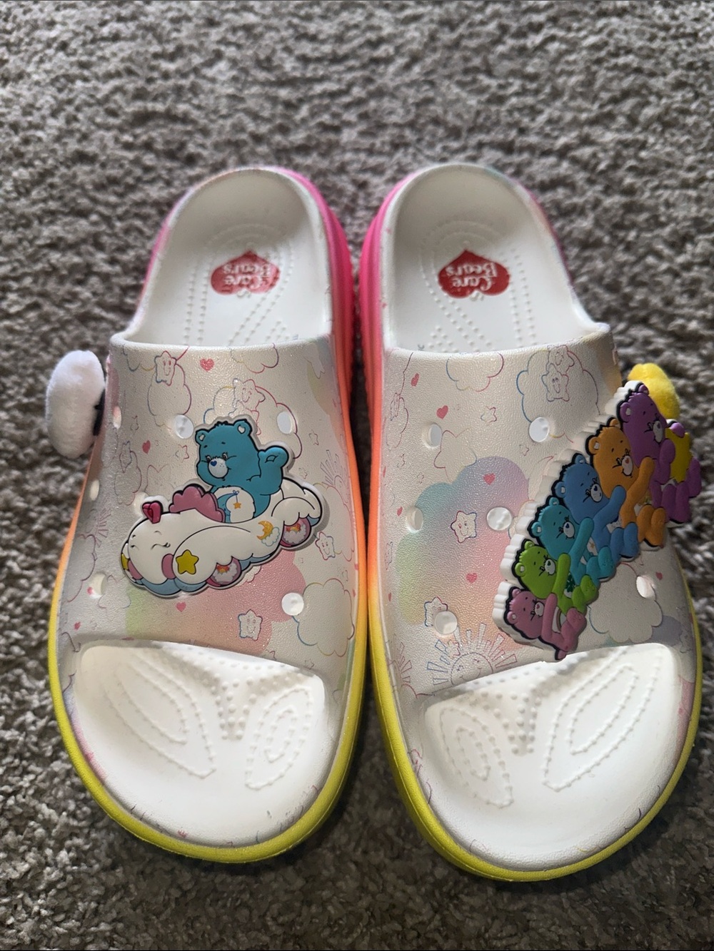 Care Bears Gradient Slide Sandals with Pom-Pom Accent - Pink, Yellow, Orange